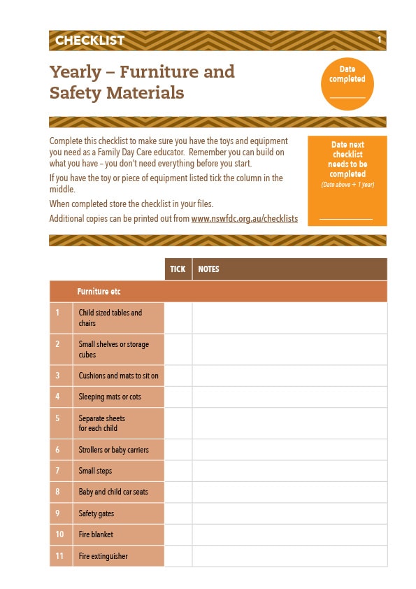 Furniture and Safety Materials Checklist